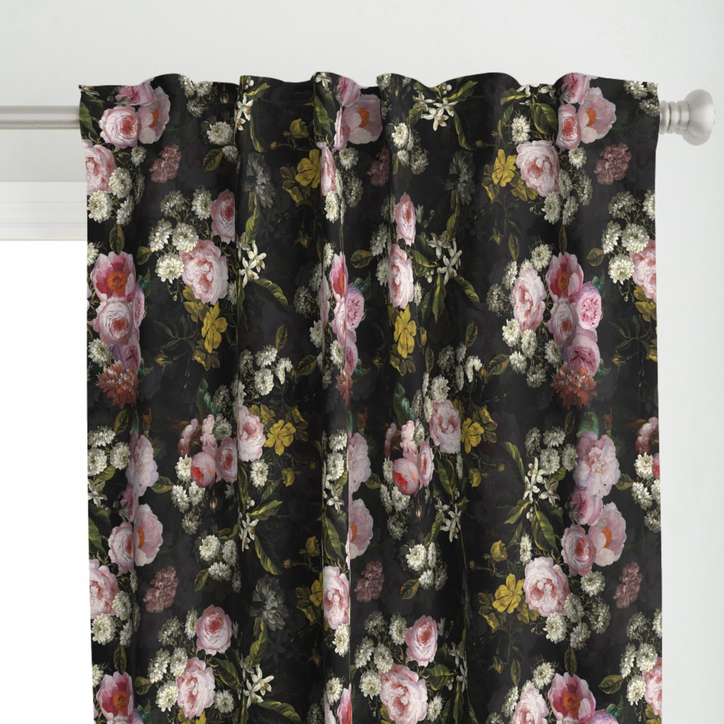 Flemish Vintage Dark Night Romanticism:Maximalism Moody Florals- Antiqued Pink Roses With White chamomile Bouquets Nostalgic - Gothic Mystic Night-  Antique Botany Wallpaper and Victorian Goth Mystic inspired - double layer on black
