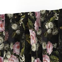 Flemish Vintage Dark Night Romanticism:Maximalism Moody Florals- Antiqued Pink Roses With White chamomile Bouquets Nostalgic - Gothic Mystic Night-  Antique Botany Wallpaper and Victorian Goth Mystic inspired - double layer on black