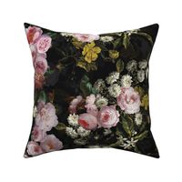 Flemish Vintage Dark Night Romanticism:Maximalism Moody Florals- Antiqued Pink Roses With White chamomile Bouquets Nostalgic - Gothic Mystic Night-  Antique Botany Wallpaper and Victorian Goth Mystic inspired - double layer on black