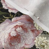 Flemish Vintage Dark Night Romanticism:Maximalism Moody Florals- Antiqued Pink Roses With White chamomile Bouquets Nostalgic - Gothic Mystic Night-  Antique Botany Wallpaper and Victorian Goth Mystic inspired - double layer on black