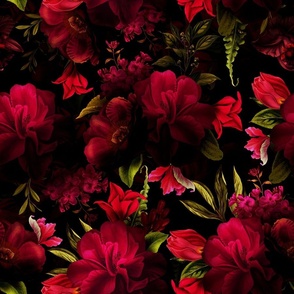 Lush Antique Watercolor Red Peonies And Roses Mystic dark moody floral gothic mysterious - black and deep red