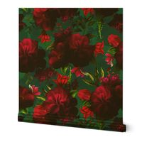 Lush Antique Watercolor Red Peonies And Roses Mystic Pattern On Teal