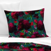 Lush Antique Watercolor Red Peonies And Roses Mystic Pattern On Teal