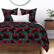 Lush Antique Watercolor Red Peonies And Roses Mystic Pattern On Teal