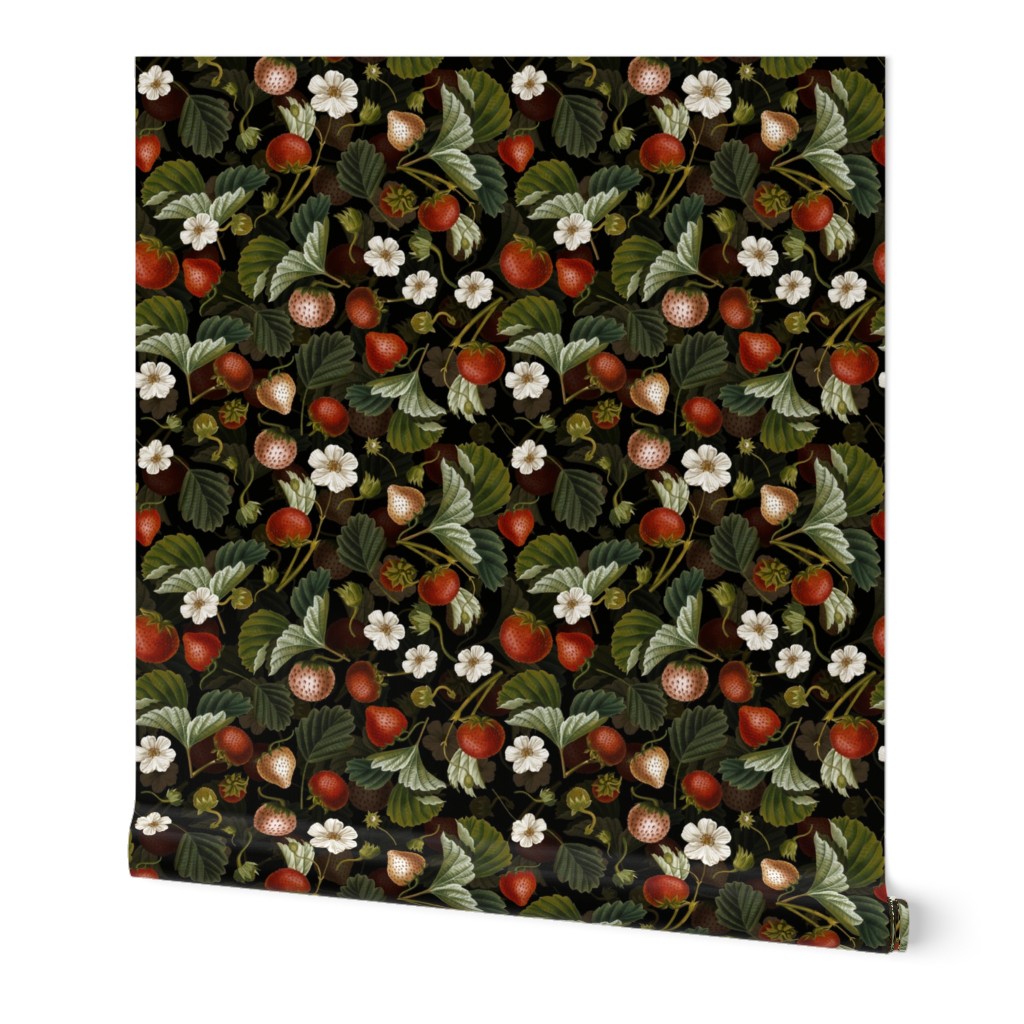 Antique Watercolor Strawberry Flower Meadow- nostalgic Strawberries Dark Moody Floral  on black Double layer