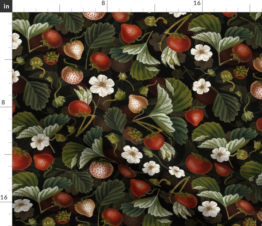 Antique Watercolor Strawberry Flower Meadow- nostalgic Strawberries Dark Moody Floral  on black Double layer