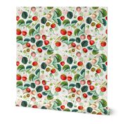 Antique Watercolor Strawberry Flower Meadow- nostalgic Strawberries on white Double layer