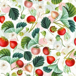 Antique Watercolor Strawberry Flower Meadow- Strawberries on white Double layer