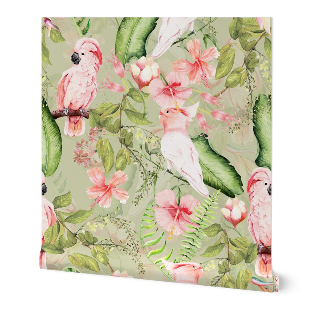Pink Cockatoo Tropical Exotic Flower Jungle  double layer green