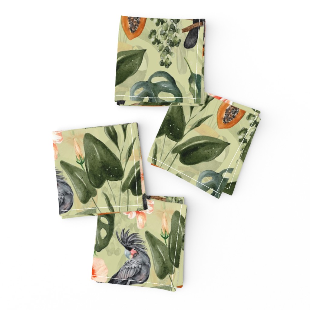 Exotic Toucan Birds in Hibiscus And Tropical Leaves Jungle - green