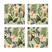 Exotic Toucan Birds in Hibiscus And Tropical Leaves Jungle - green