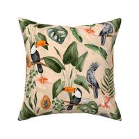 Exotic Toucan Birds in Hibiscus And Tropical Leaves Jungle - orange