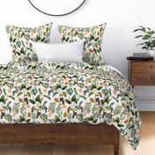 Exotic Toucan Birds in Hibiscus And Tropical Leaves Jungle - white