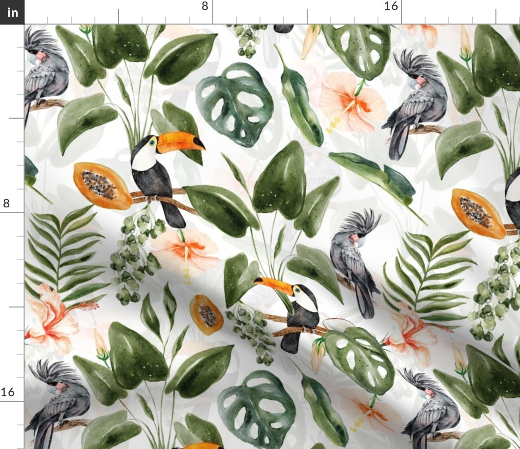 Exotic Toucan Birds in Hibiscus And Tropical Leaves Jungle - white