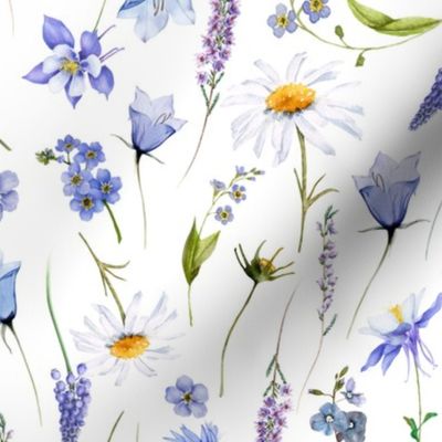 Simply Watercolor Wildflowers Cornflowers And Daisies Scandi Hygge Meadow  on white, perfect for kidsroom, kids room, kids decor 