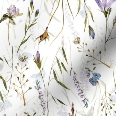 Simply Watercolor Wildflowers And Grasses Meadow, home decor, double Layer on white Nursery Fabric, Baby Girl Fabric, perfect for kidsroom, kids room, kids decor 