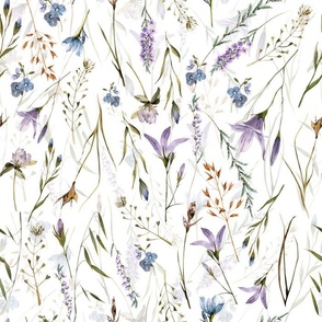 Simply Watercolor Wildflowers And Grasses Meadow, home decor, double Layer on white Nursery Fabric, Baby Girl Fabric, perfect for kidsroom, kids room, kids decor 