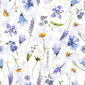 Simply Watercolor Wildflowers Cornflowers And Daisies Scandi Hygge Meadow double Layer on white