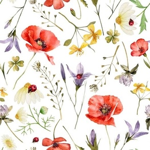 Simply Watercolor Wildflowers And Poppies Scandi Hygge Meadow  on white