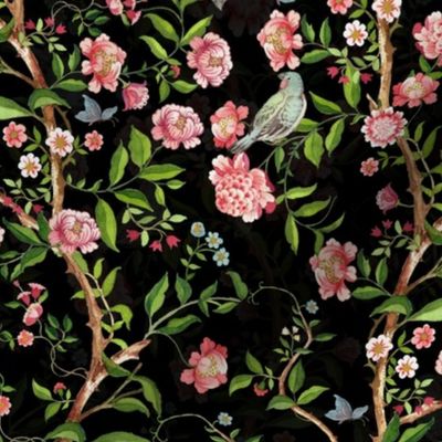  Antique Rococo Chinoiserie Flower Peony Trees With Flying Birds And Butterflies black double layer- Marie Antoinette Chinoiserie inspired