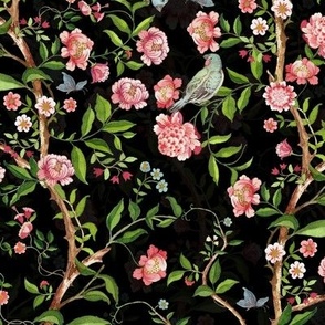  Antique Rococo Chinoiserie Flower Peony Trees With Flying Birds And Butterflies black double layer- Marie Antoinette Chinoiserie inspired