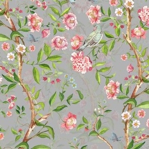  Antique Rococo Chinoiserie Flower Peony Trees With Flying Birds And Butterflies grey double layer- Marie Antoinette Chinoiserie inspired