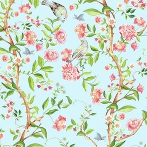  Antique Rococo Chinoiserie Flower Peony Trees With Flying Birds And Butterflies light turquoise- Marie Antoinette Chinoiserie inspired