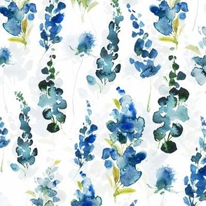 Hand drawn blue watercolor  florals on white