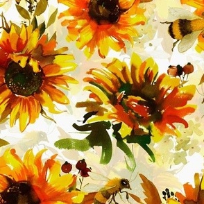 14" Hand painted watercolor bees and sunflowers  - double layer white, sunflower fabric, sunflowers fabric 