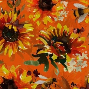 14" Hand painted watercolor bees and sunflowers  - double layer  orange,sunflower fabric, sunflowers fabric 