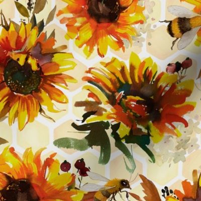 14" Hand painted watercolor bees and sunflowers  - double layer honey comb, sunflower fabric, sunflowers fabric 