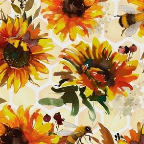 14" Hand painted watercolor bees and sunflowers  - double layer honey comb, sunflower fabric, sunflowers fabric 