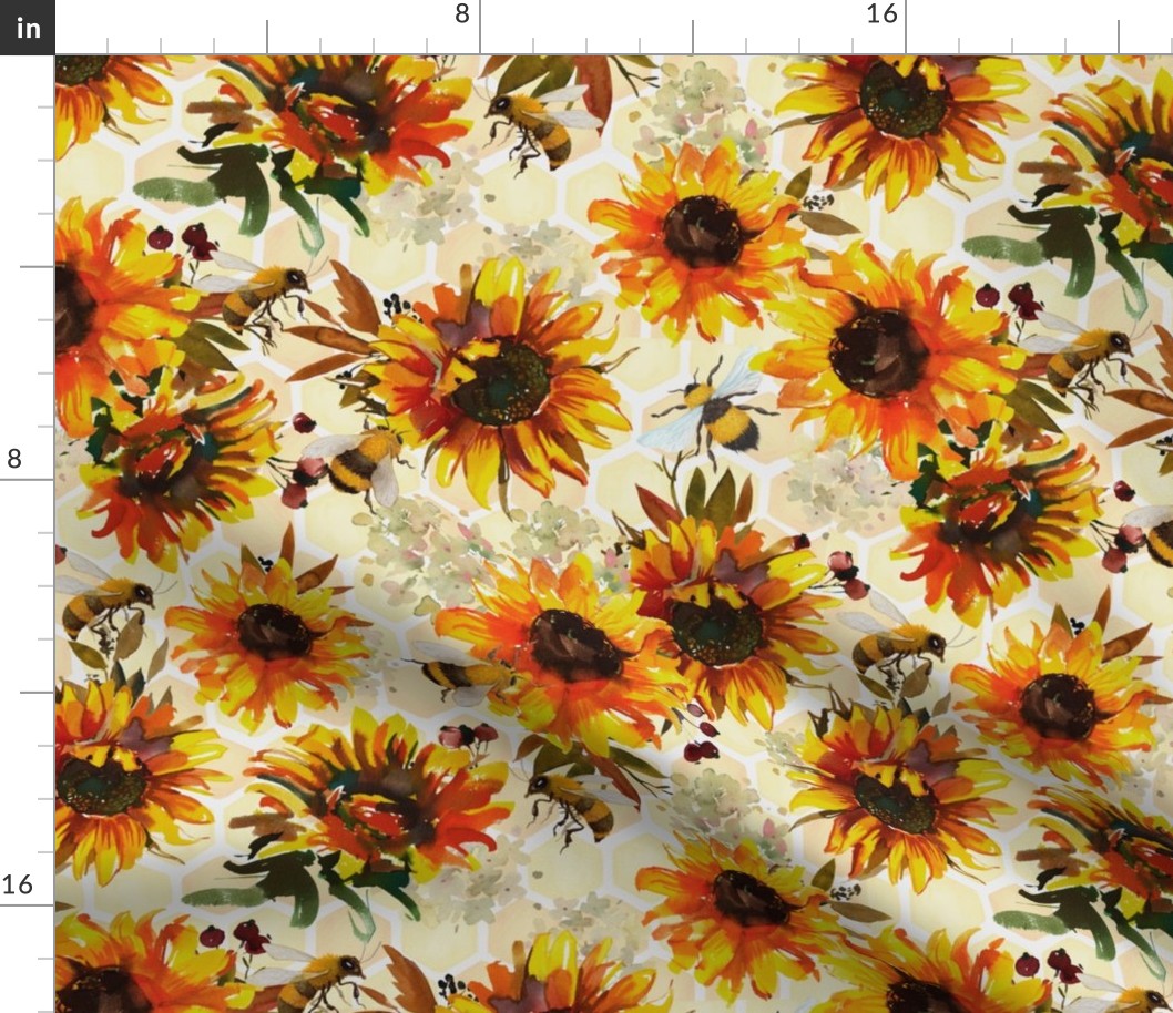 14" Hand painted watercolor bees and sunflowers  - double layer honey comb, sunflower fabric, sunflowers fabric 