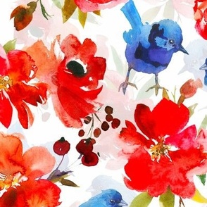 Blue Birds and Red Roses - Hand Painted watercolor nursery pattern