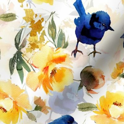 Blue Birds and yellow Roses - Hand Painted watercolor nursery pattern