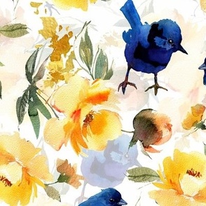 Blue Birds and yellow Roses - Hand Painted watercolor nursery pattern