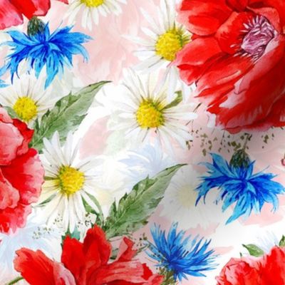 Hand painted Watercolor Poppies And Cornflowers Summer Fields on White