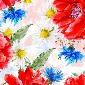 Hand painted Watercolor Poppies And Cornflowers Summer Fields on White