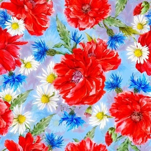 Hand painted Watercolor Poppies And Cornflowers Summer Fields on light blue
