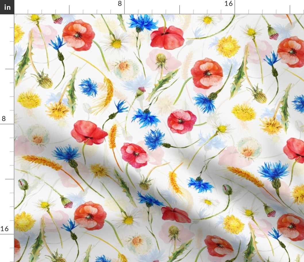 Happy wildflowers Summerfield With poppys cornflowers daisies and Vintage  dandelions double layer on white