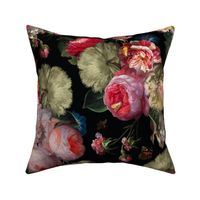  Flemish Vintage Dark Night Romanticism:Maximalism Moody Florals  for a powder room - Antiqued Pink Roses With White Peonies Bouquets Nostalgic - Gothic Mystic Night-  Antique Botany And Butterfly Wallpaper and Victorian Goth Mystic inspired