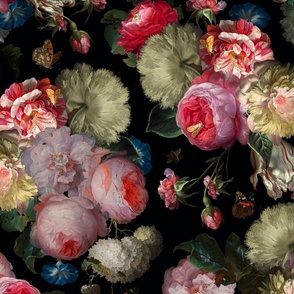  Flemish Vintage Dark Night Romanticism:Maximalism Moody Florals  for a powder room - Antiqued Pink Roses With White Peonies Bouquets Nostalgic - Gothic Mystic Night-  Antique Botany And Butterfly Wallpaper and Victorian Goth Mystic inspired