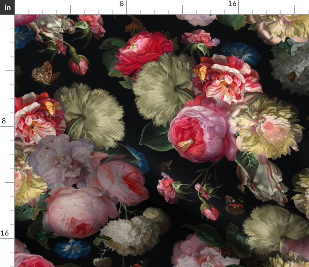  Flemish Vintage Dark Night Romanticism:Maximalism Moody Florals  for a powder room - Antiqued Pink Roses With White Peonies Bouquets Nostalgic - Gothic Mystic Night-  Antique Botany And Butterfly Wallpaper and Victorian Goth Mystic inspired