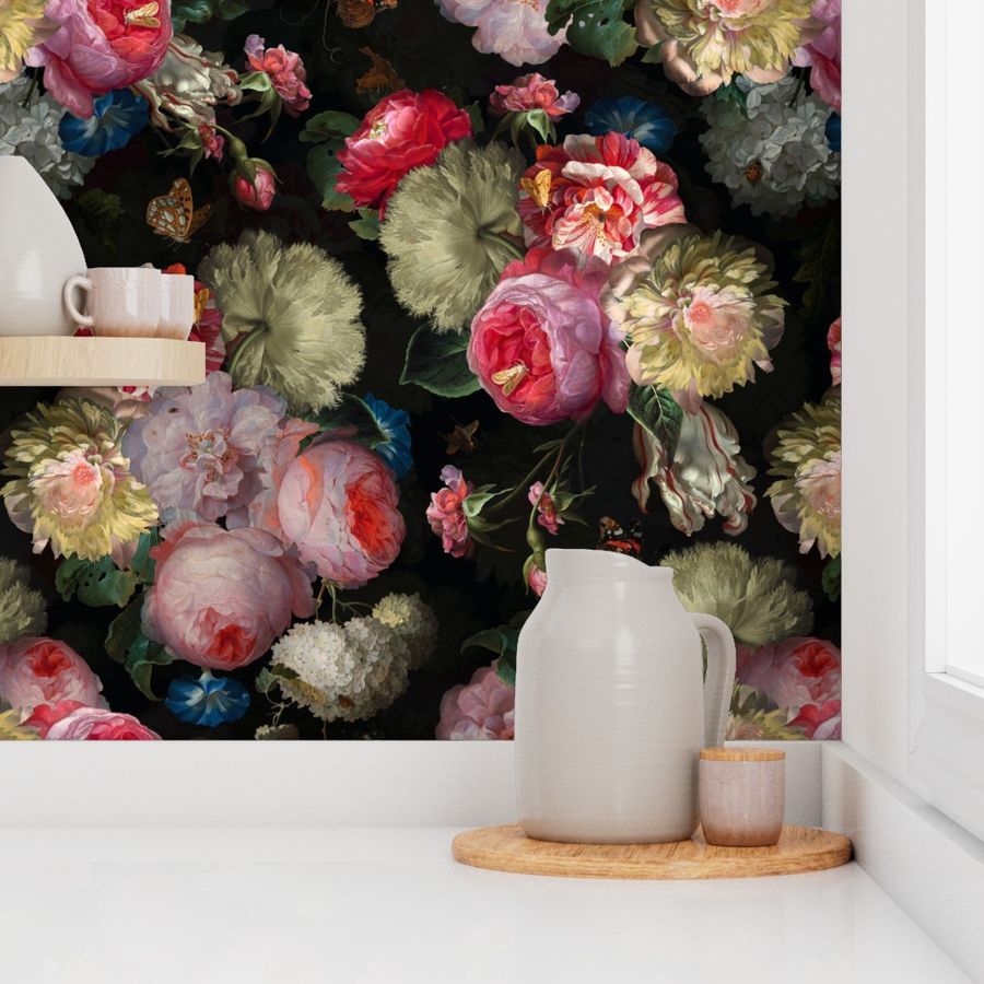 Vintage Dark Night Romanticism:Maximalism Moody Florals- Antiqued Pink Roses With White Peonies Bouquets Nostalgic - Gothic dramatic Mystic Night-  Antique Botany And Butterfly Wallpaper and Victorian Goth Mystic Dramatic Glamour  Black, 