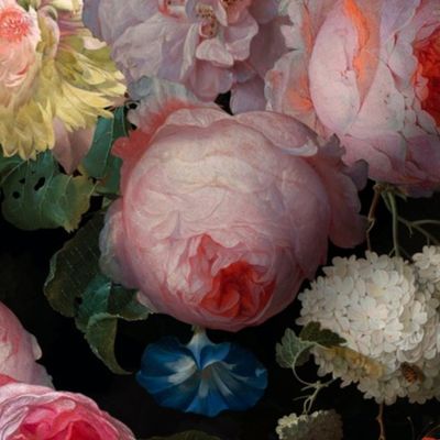  Flemish Vintage Dark Night Romanticism:Maximalism Moody Florals- Antiqued Pink Roses With White Peonies Bouquets Nostalgic - Gothic Mystic Night-  Antique Botany And Butterfly Wallpaper and Victorian Goth Mystic inspiredalgic Black, 