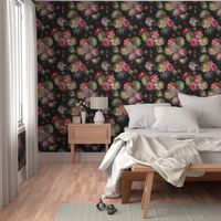  Flemish Vintage Dark Night Romanticism:Maximalism Moody Florals- Antiqued Pink Roses With White Peonies Bouquets Nostalgic - Gothic Mystic Night-  Antique Botany And Butterfly Wallpaper and Victorian Goth Mystic inspiredalgic Black, 