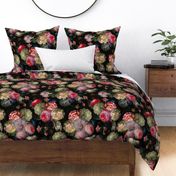  Flemish Vintage Dark Night Romanticism:Maximalism Moody Florals- Antiqued Pink Roses With White Peonies Bouquets Nostalgic - Gothic Mystic Night-  Antique Botany And Butterfly Wallpaper and Victorian Goth Mystic inspiredalgic Black, 
