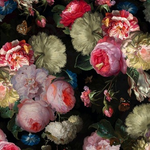 Dutch Flemish antiqued  dark moody floral Night Roses - double Layer on nostalgic Black, 