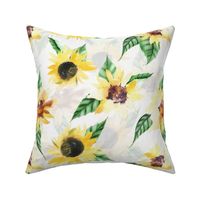 Hand drawn crazy watercolor sunflower florals on white double layer, sunflower fabric, sunflowers fabric 
