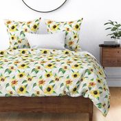 Hand drawn crazy watercolor sunflower florals on white double layer, sunflower fabric, sunflowers fabric 